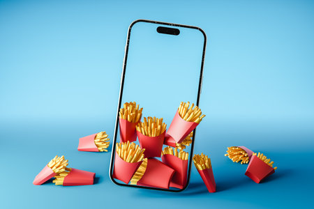 3d rendering of French fries in pack box placed around mobile phone on blueの写真素材