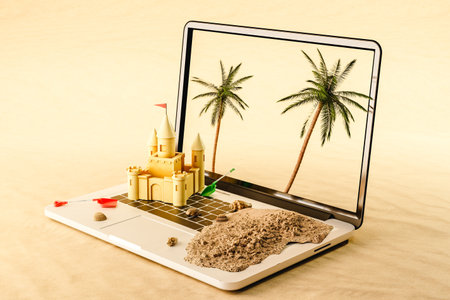 3d rendering of open laptop with with green palm trees and castle near soilの写真素材