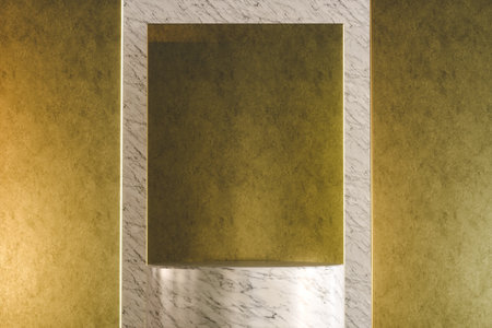 Shiny printed cylinder podium in studio with golden wall 3d renderの写真素材