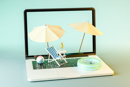 3d rendering of open laptop with beach decorationsの写真素材
