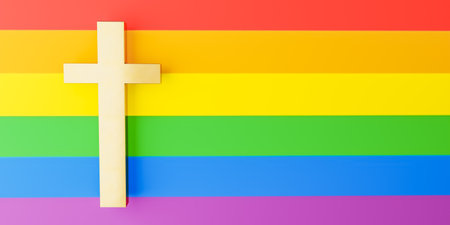 Cross against LGBT rainbow flag. 3d renderの写真素材