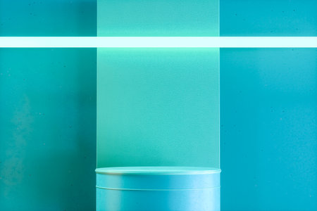 blue 3d render cylinder stand podium with yellow neon lightの写真素材