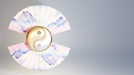 Yin and yang symbol between fans. 3d renderの写真素材