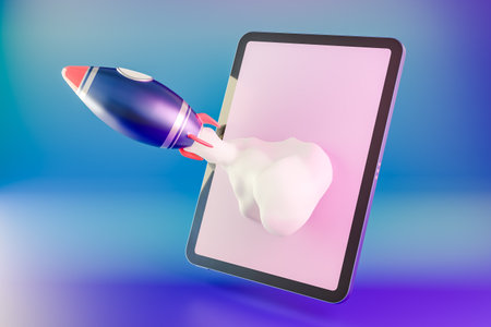 3D illustration of rocket launching from digital tablet screen against blue gradient backgroundの写真素材