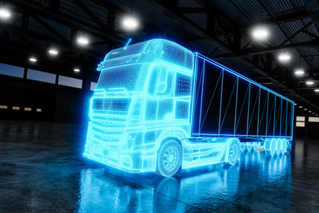 3D illustration of glowing blue commercial land vehicle in illuminated garageの写真素材