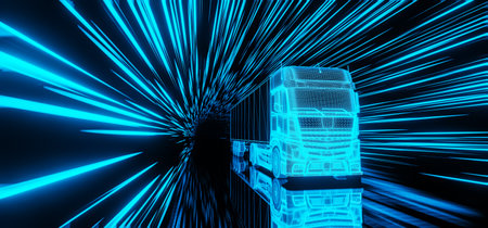 Bright neon lights of dark tunnel and truckの写真素材