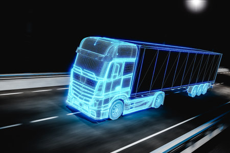 Futuristic truck riding on road with railings. 3d renderの写真素材