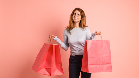 Happy shopaholic woman with shopping bags in pink studioの写真素材
