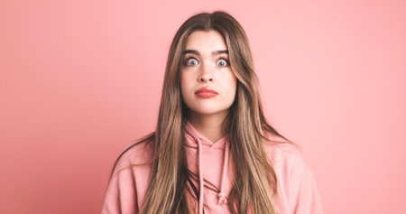 Amazed female model with wide open eyes over pink backgroundの写真素材