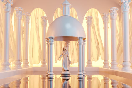 Spacious building with curtains and domed statue in water pool. 3d renderの写真素材