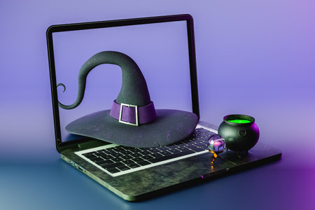 3d rendering of open laptop with black Halloween witch hat cauldron LED Lightの写真素材