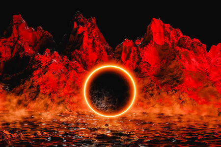 3D Illustration of neon planet and sharp edged mountain formations near water