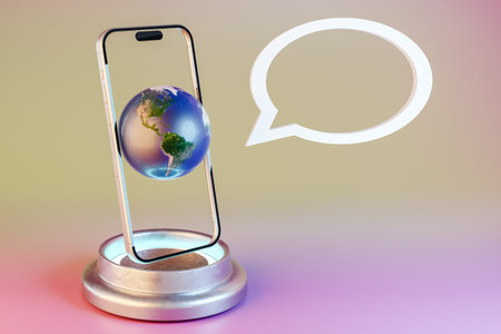 A cell phone is on a stand with a globe on top of it. 3d renderの写真素材