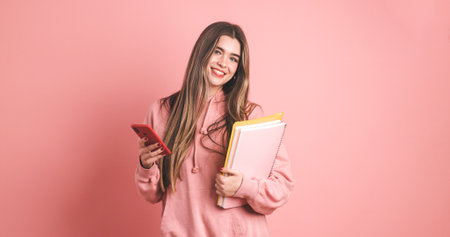 Confident female university student holding books and smartphoneの写真素材