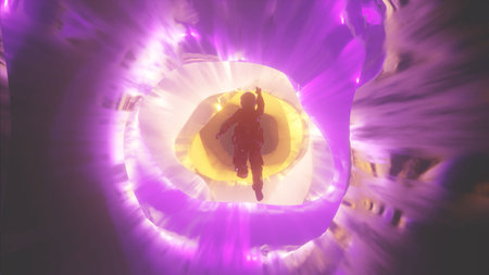 Unrecognizable person falling into multicolored interdimensional tunnel. 3d render backgroundの写真素材