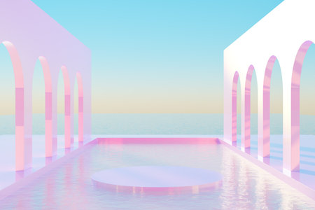 Colorful design of arched walls and rippling waterの写真素材