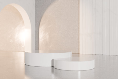 3D rendering image of round podiums for product presentation in studioの写真素材