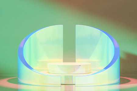 Decoration of glass structure with podium in lightの写真素材