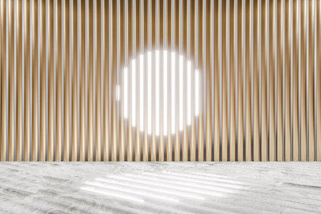 3D render of bright sun shining through golden wall panelingの写真素材