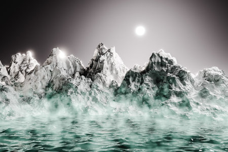 3D render of scenic mountain ranges by river against sky during night