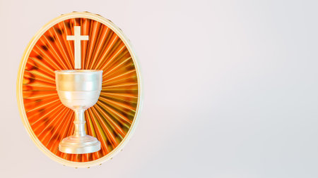 Holy Grail and cross placed on designed frame against white backdropの写真素材