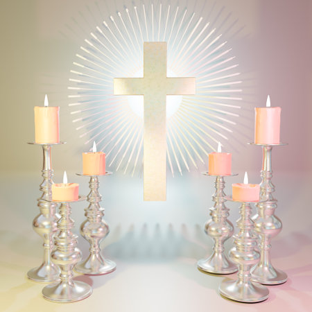 Christian cross near burning candles. 3d renderの写真素材