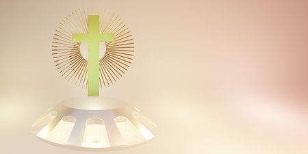 Holy cross near luminous stand with decorative elements against brown backdropの写真素材