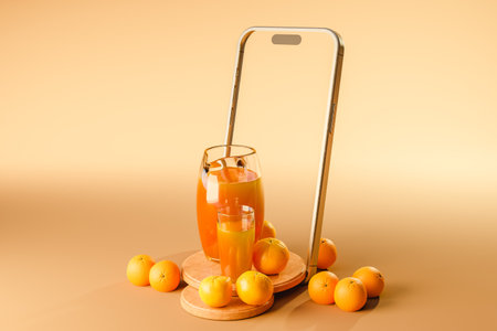3d rendering of glass and jar with orange juice and oranges on surfaceの写真素材