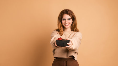 Happy woman giving gift box in brown studioの写真素材