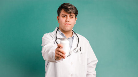Ethnic young man in white robe offering medicineの写真素材