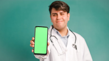 Happy doctor showing mobile phone with green screenの写真素材