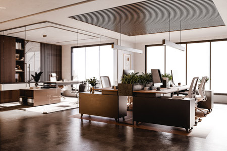 3D render of empty modern office with computers and furnitureの写真素材