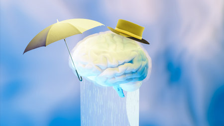 3D render illustration of brain with umbrella and hat