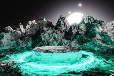 3d render of product presentation stand surrounded by neon lights in waterの写真素材