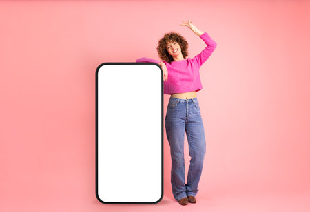 Smiling woman pointing at huge blank screen of smartphoneの写真素材