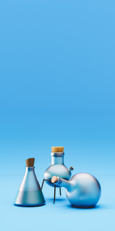 3D rendering of glass beakers on blue backgroundの写真素材