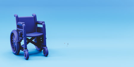 3D rendering of wheelchair on blue backgroundの写真素材