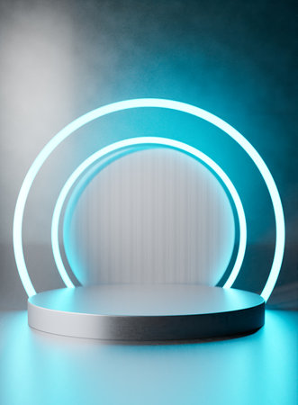 3D rendering image of round pedestal near neon lit arch frameの写真素材