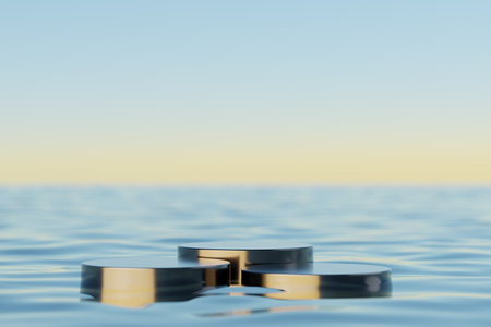 Creative design of stands for product presentation on seawater in sunset. 3d renderの写真素材