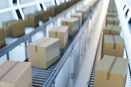 Carton boxes moving on conveyors at futuristic warehouse. 3d render