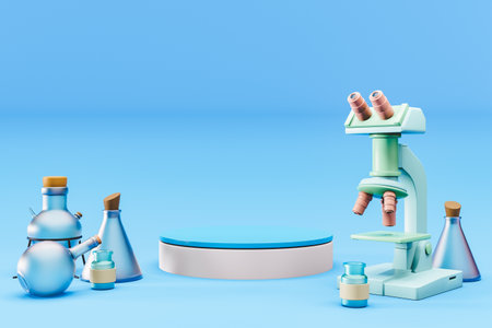 3D rendering of scientific microscope with various flasks surrounding pedestalの写真素材