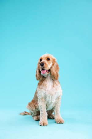 Cute Cocker Spaniel dog sitting on blue studio