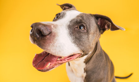 Adorable Pitbull Blue dog with open mouth in yellow studioの写真素材