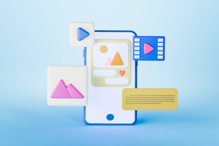 3D render of smartphone and with various icons