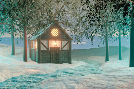 3D rendering of illuminated wooden cottage in forest at winter daytimeの写真素材
