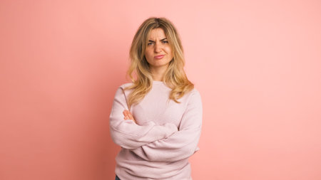Blonde adult woman expressing negativity with head