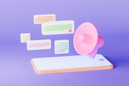 3D render of mobile phone with megaphone and chatsの写真素材