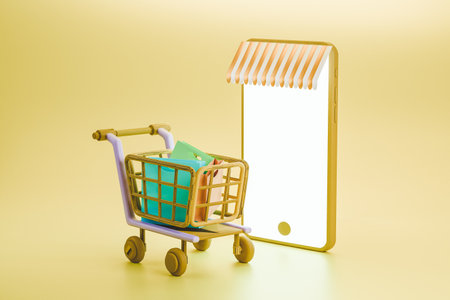 3D render of shopping cart and online store on phone device mock upの写真素材