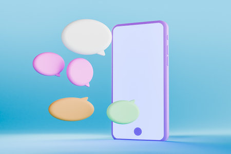 3D render of smartphone with floating colorful chat bubblesの写真素材