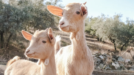 Two young goats posing on a farm on a sunny day